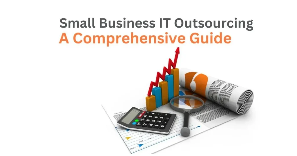 Illustration depicting IT outsourcing for small businesses with charts, documents, a calculator, and a magnifying glass, symbolizing comprehensive analysis and strategic planning