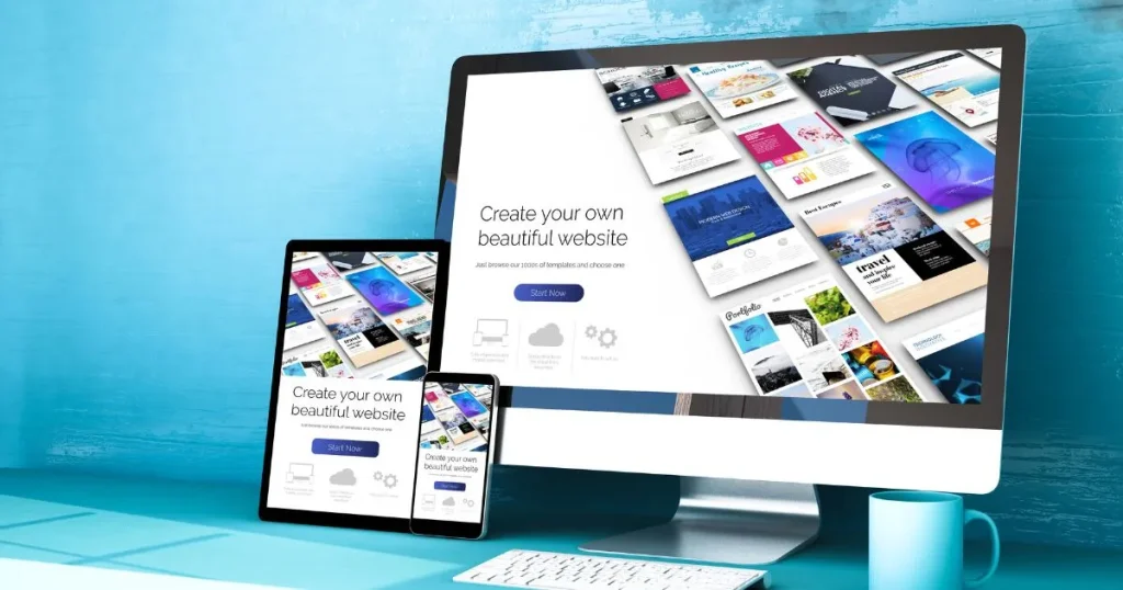 Custom Ecommerce Development for responsive online stores on desktop, tablet, and mobile showcasing modern web design templates