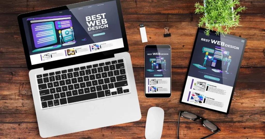 Responsive website development services in Eugene, Oregon, showcasing designs on laptop, tablet, and smartphone screens for professional web design and development solutions