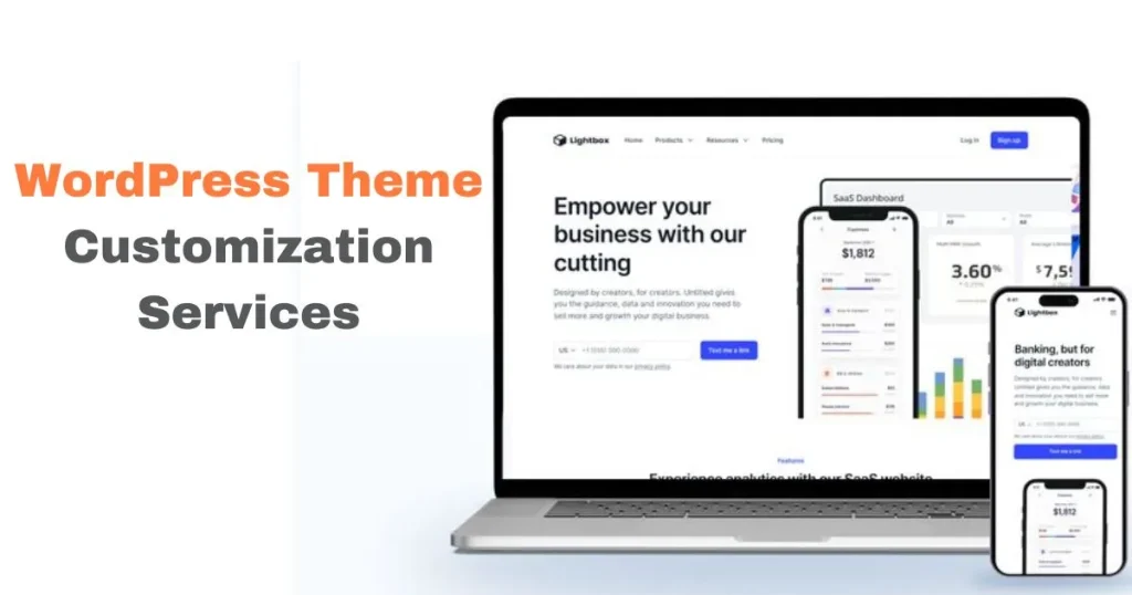 Features a laptop and smartphone displaying a modern website layout with the headline 'Empower your business with our cutting-edge solutions' on the screen.