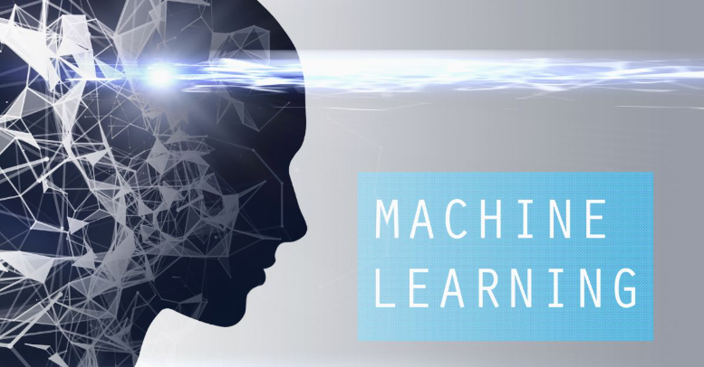 Visual representation of machine learning: a human head outline filled with interconnected lines and the text "Machine Learning" in a blue box.