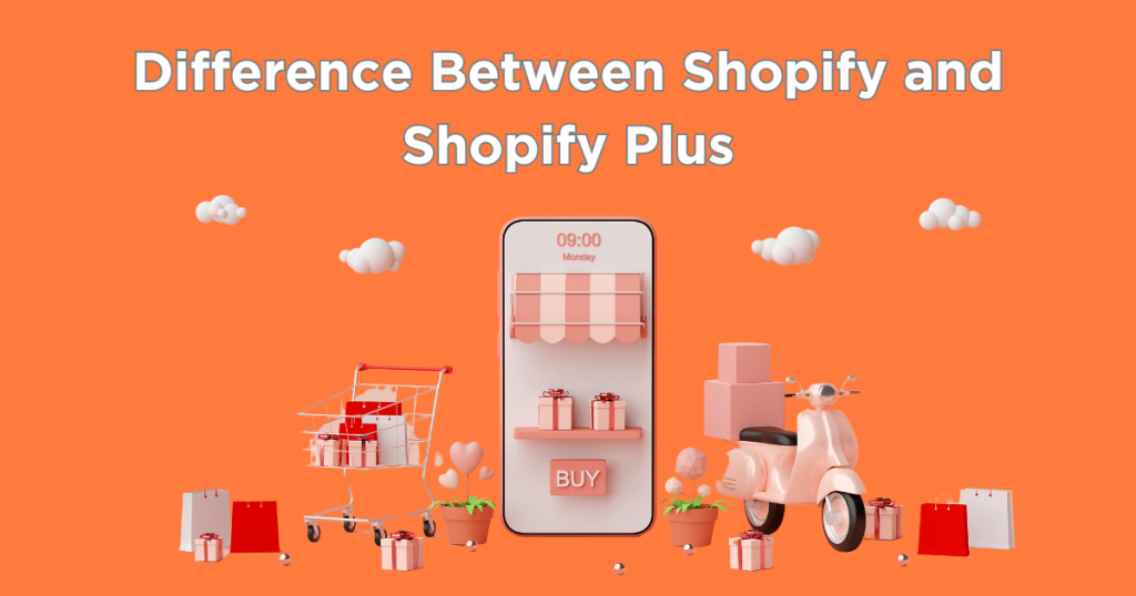 Difference Between Shopify and Shopify Plus – 3D illustration of an online shopping concept with a smartphone storefront, shopping cart, and delivery scooter on an orange background.