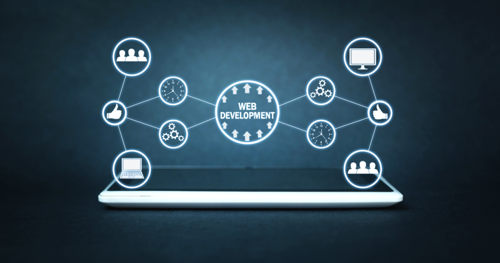 Web development concept with a smartphone displaying a holographic network of digital connections, including icons for teamwork, coding, and technology. Ideal for content related to website design, software development, and digital transformation.