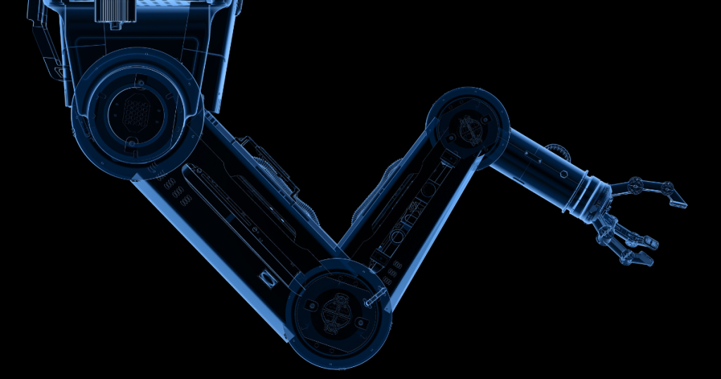 3D blueprint of an industrial robotic arm