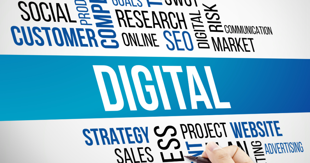 Digital marketing concept with keywords like SEO, website, strategy, project, and customer highlighted in a bold typography design